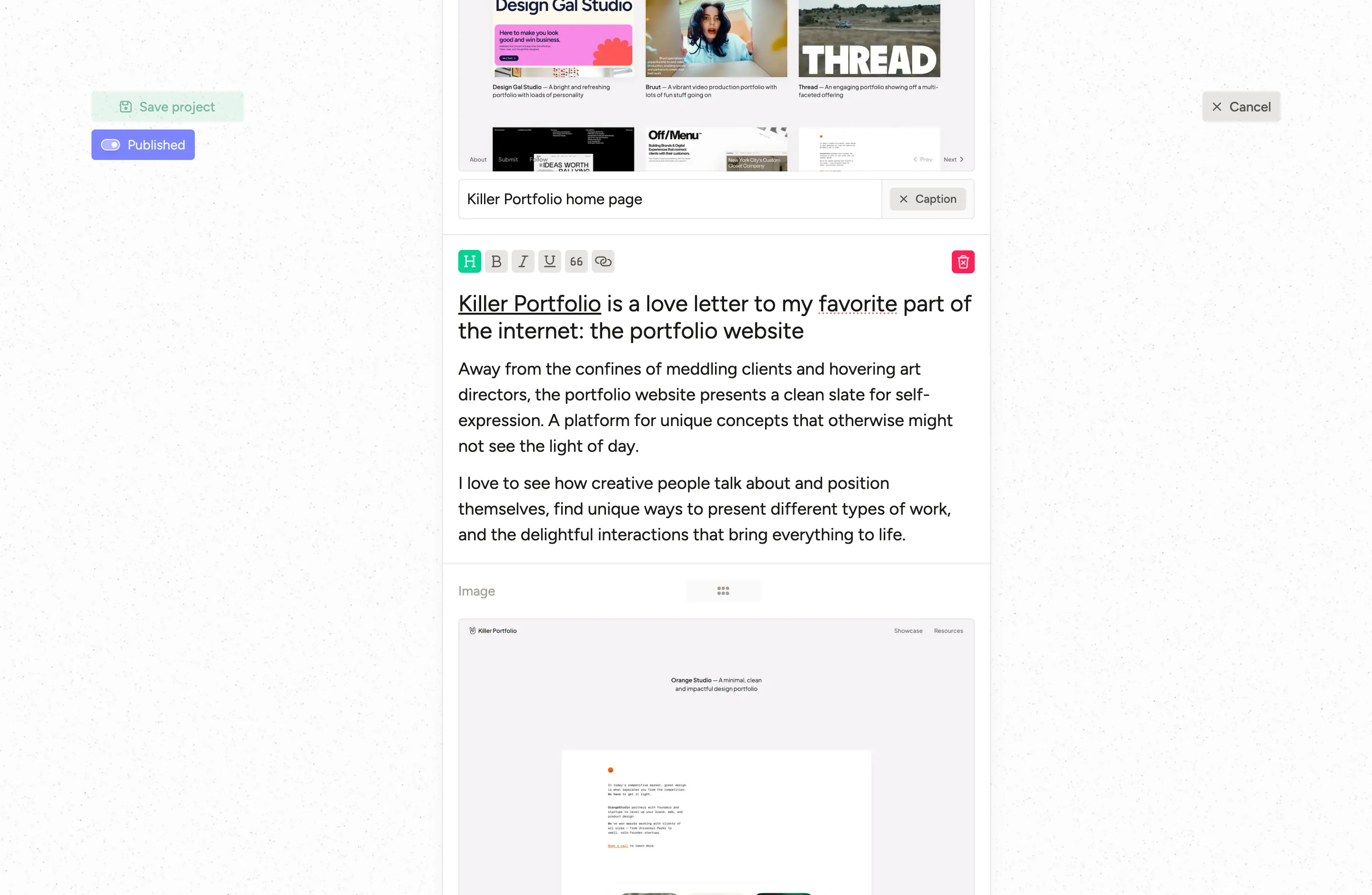 Case study editor with flexible content blocks