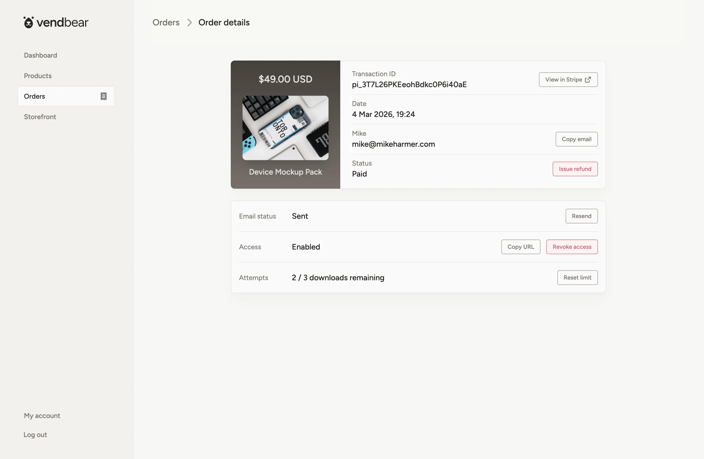 Order management screen for handling customer downloads and refunds