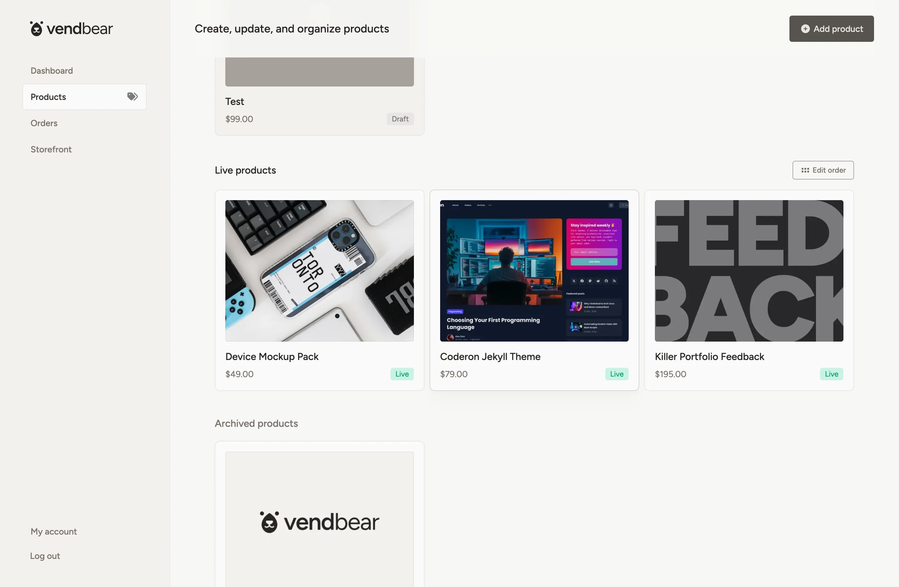 Product management screen for digital products